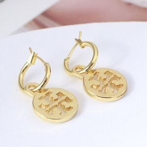 Tory Burch Gold Logo Circle Drop Hoop Earrings